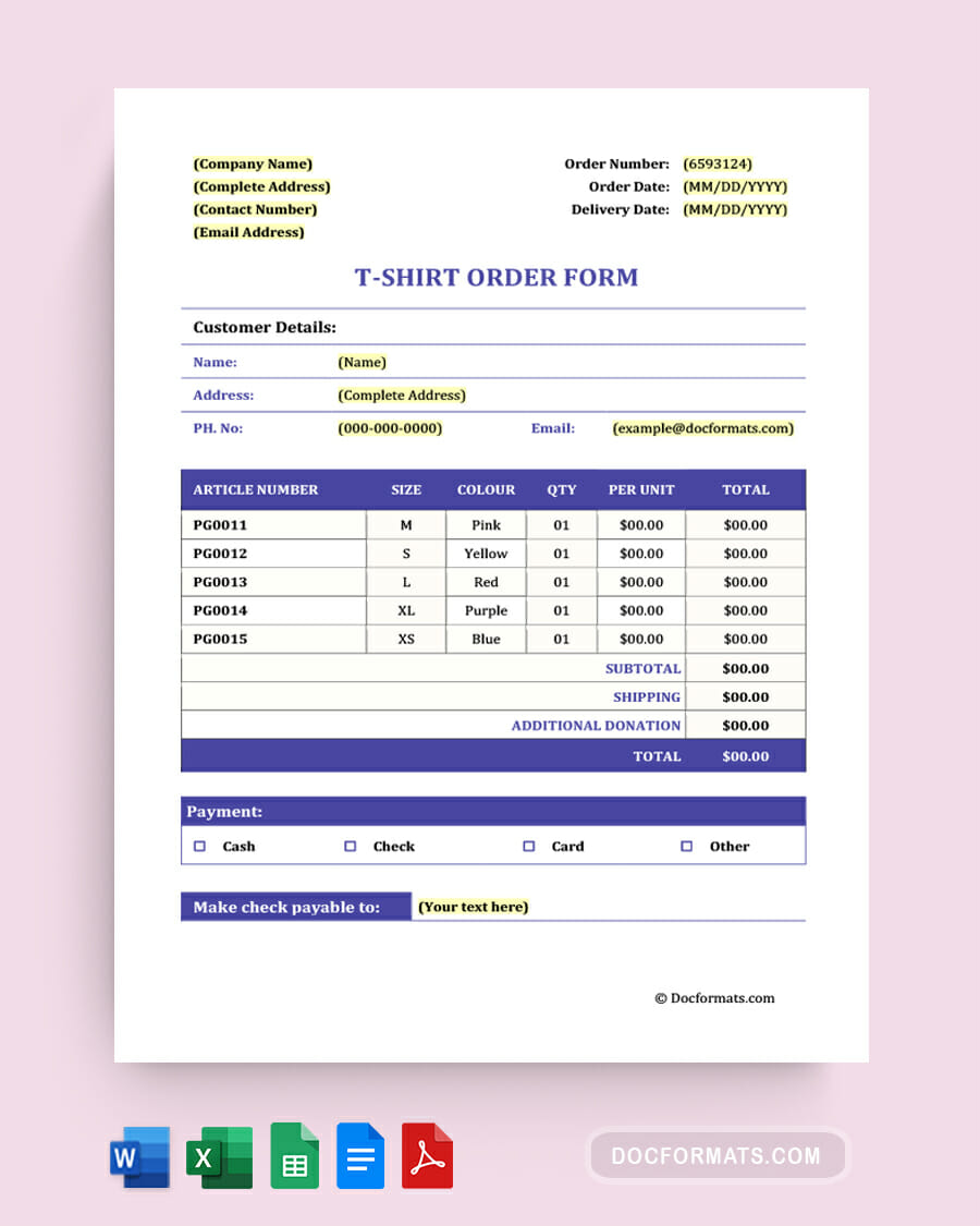 Custom T Shirt Order Form Template