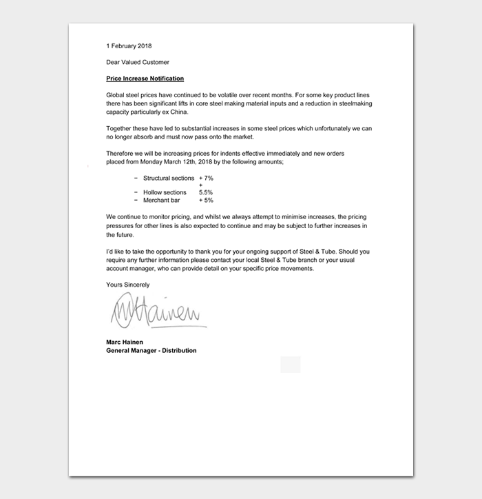 45 FREE Price (Rate) Increase Letter Formats and Examples Word PDF