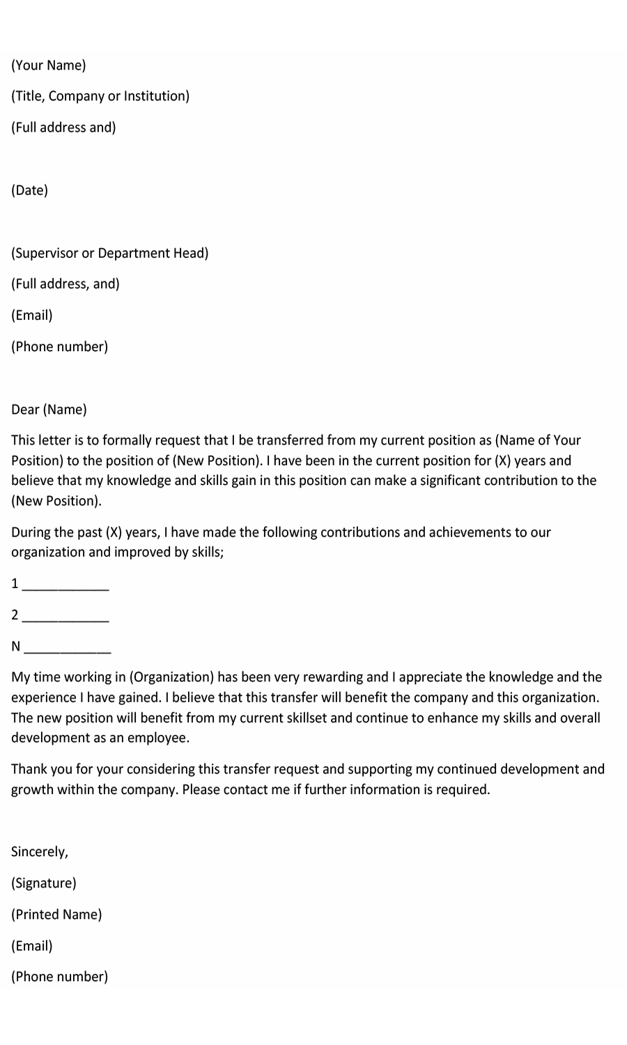 Department (Job) Transfer Letter of Intent Sample and Template