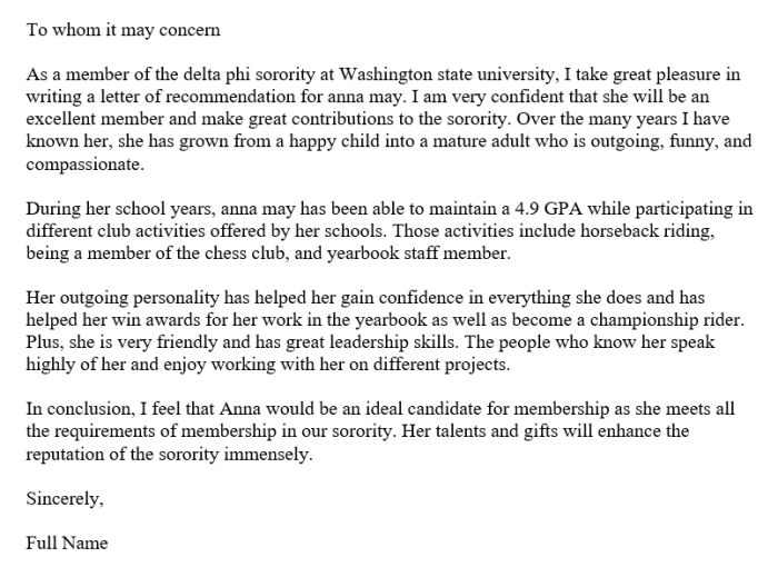 How to write a sorority letter of recommendation