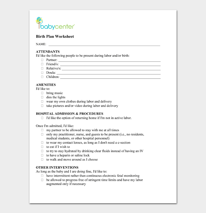FREE Birth Plan Templates and Examples (15+ Birth Plan Checklist)
