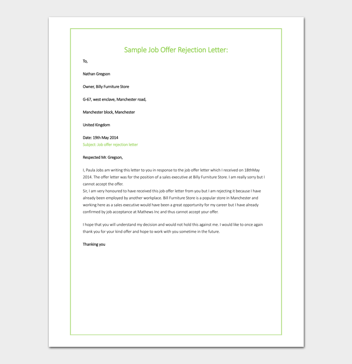 Sample Letter Rejecting A Job Offer Due To Salary