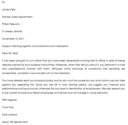 Warning Letter for Absenteeism without Intimation