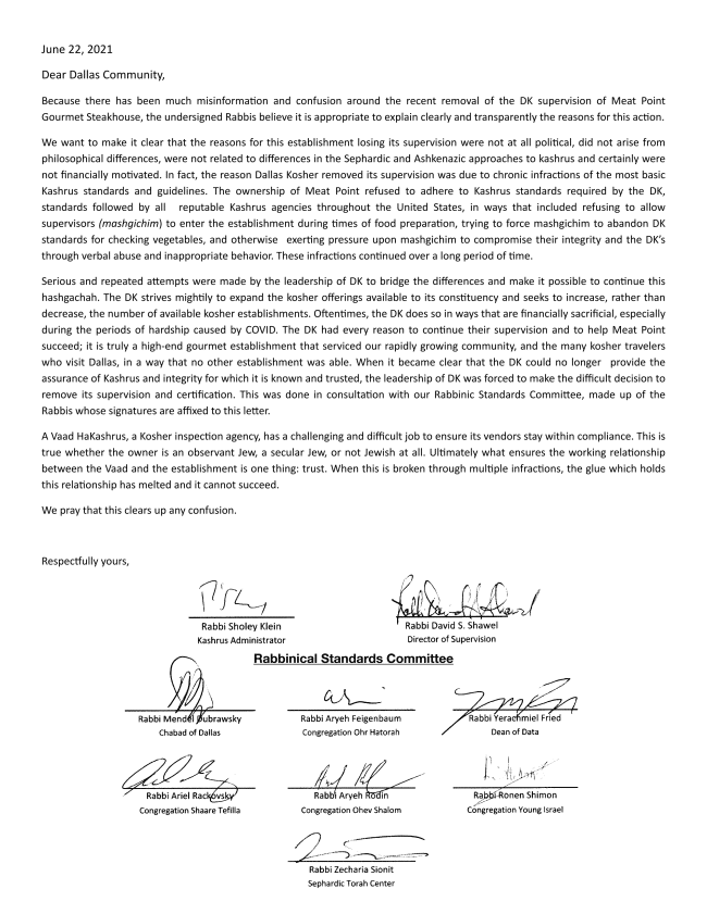 Dallas Kosher “Meat Point Loses Certification” Clarification