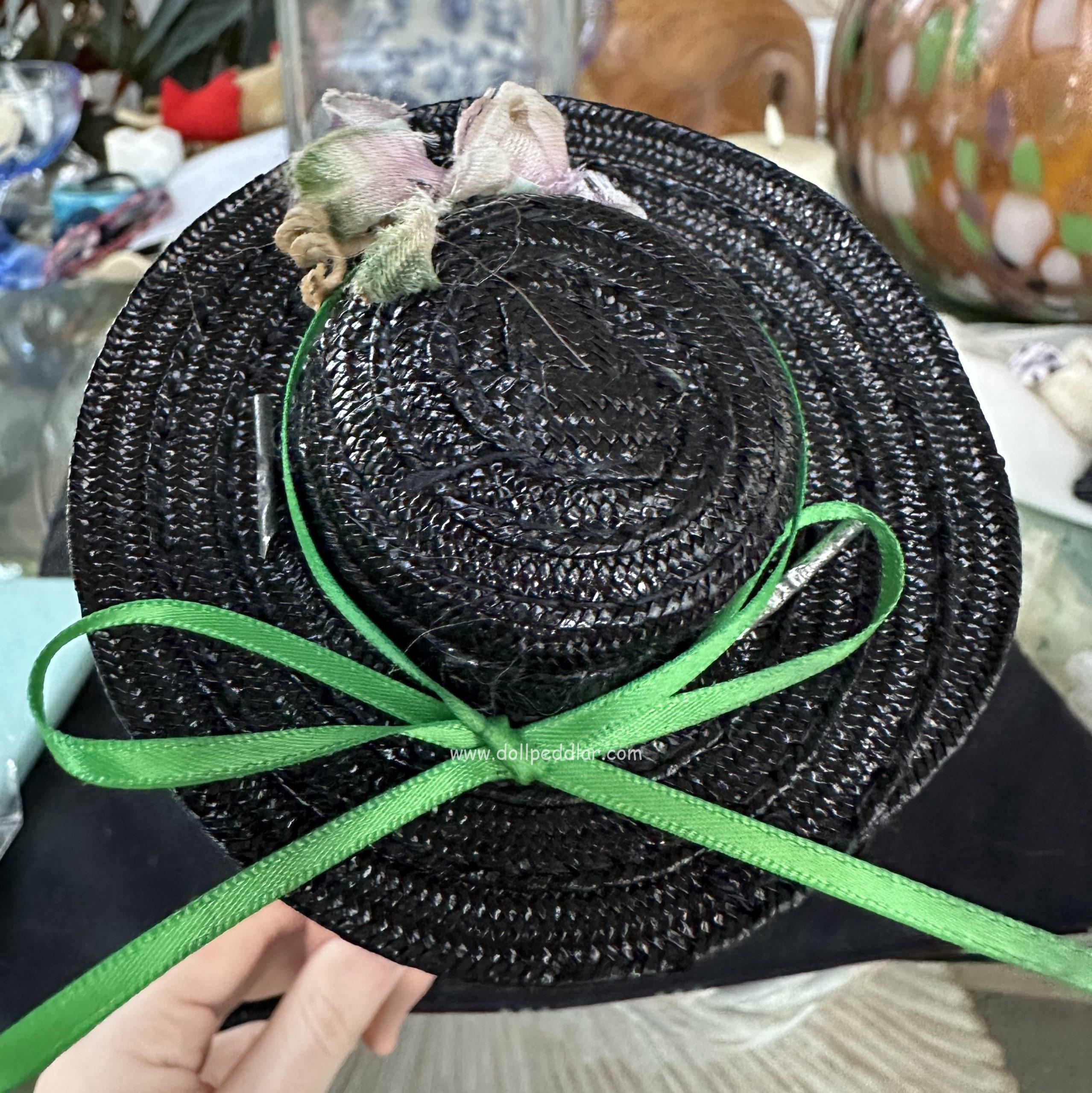 Black Straw Hat with Green Ribbon and Flowers (Modeled on 4″ Head