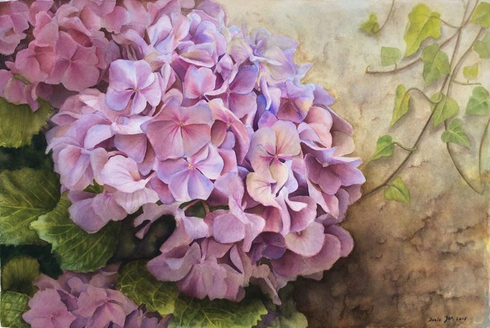 Hydrangea with Ivy New Watercolor Flower Painting Watercolor & Oil