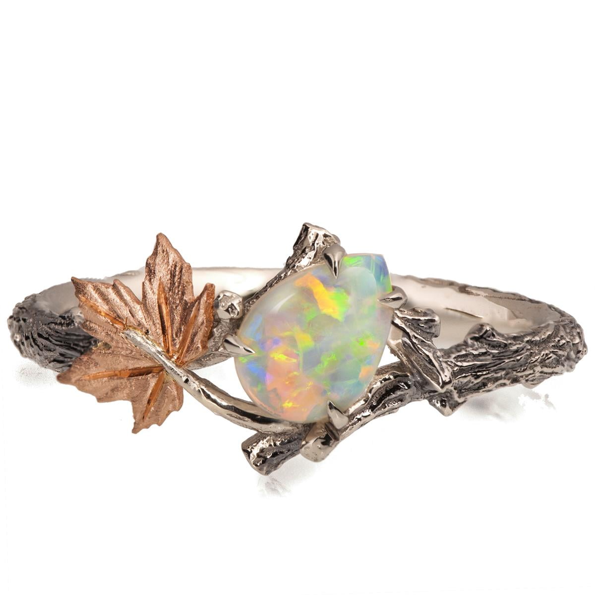Twig and Maple Leaf Opal Ring Rose Gold Doron Merav