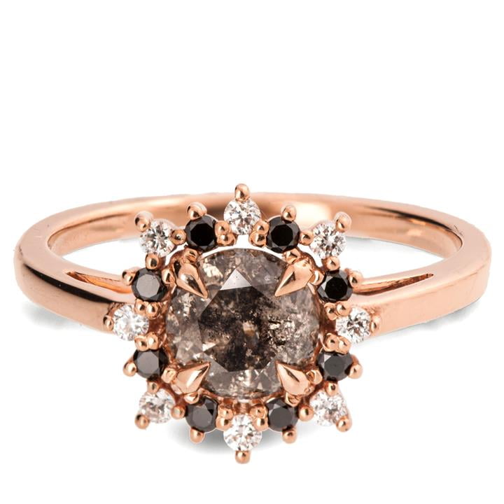 Rose Gold Alternating Black and White Diamond Halo Salt and Pepper