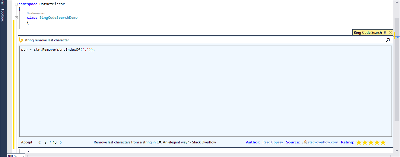 Bing Code Search for extension for Visual Studio