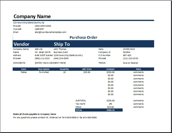 MS Excel Product Purchase Order Template Excel Templates