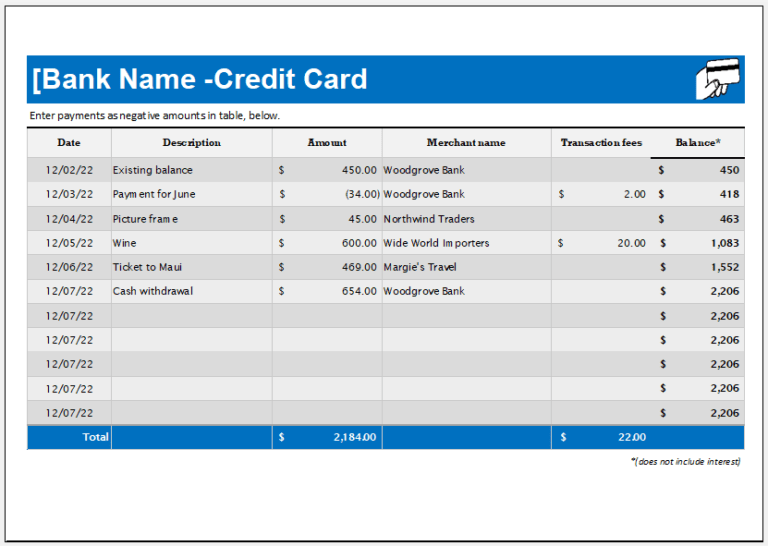 Credit Card Use Personal Log Template Download & Save