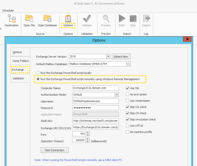 Connecting to Exchange servers using remote PowerShell in AD Bulk Users
