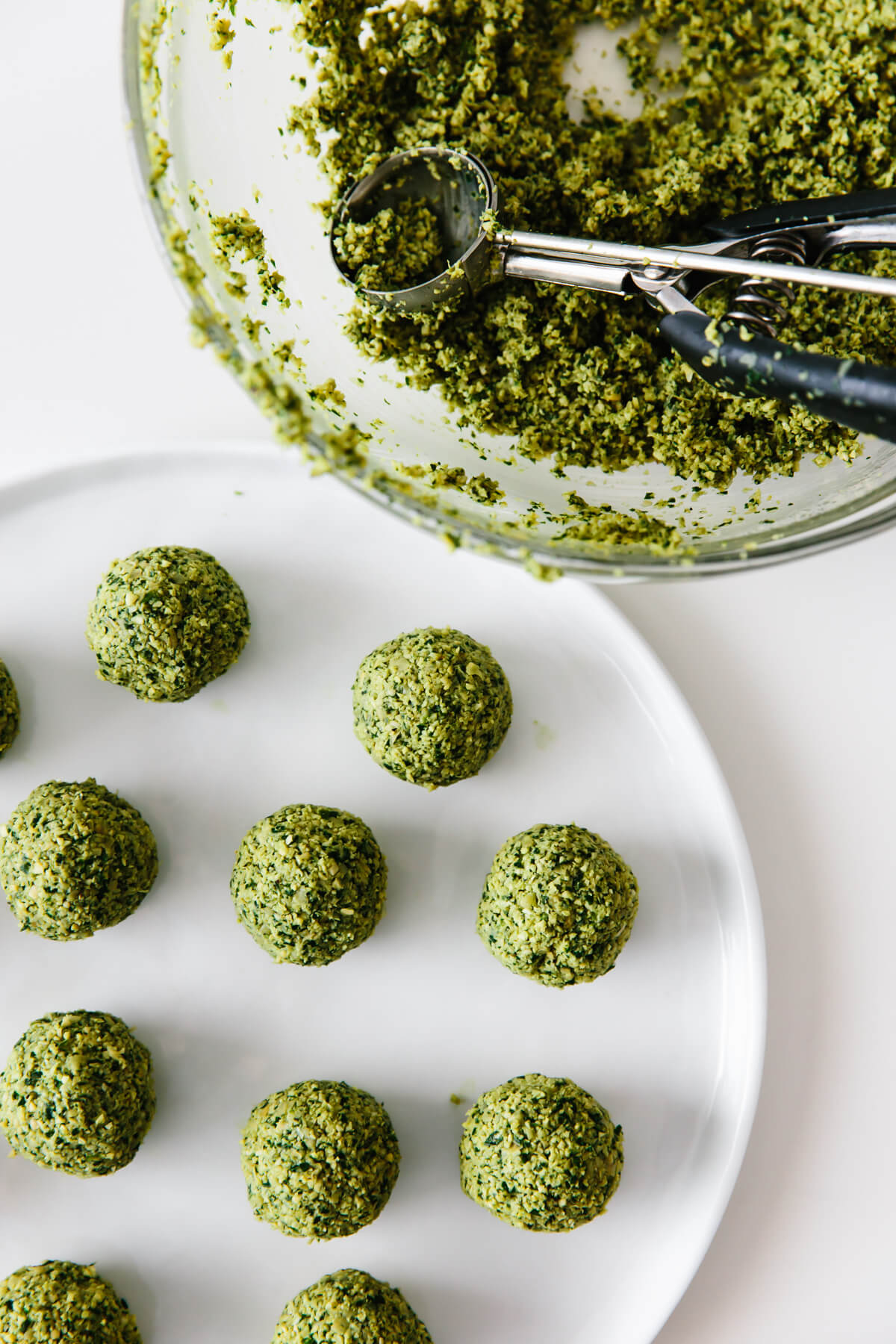 Scooped falafel mixture ready to be cooked.