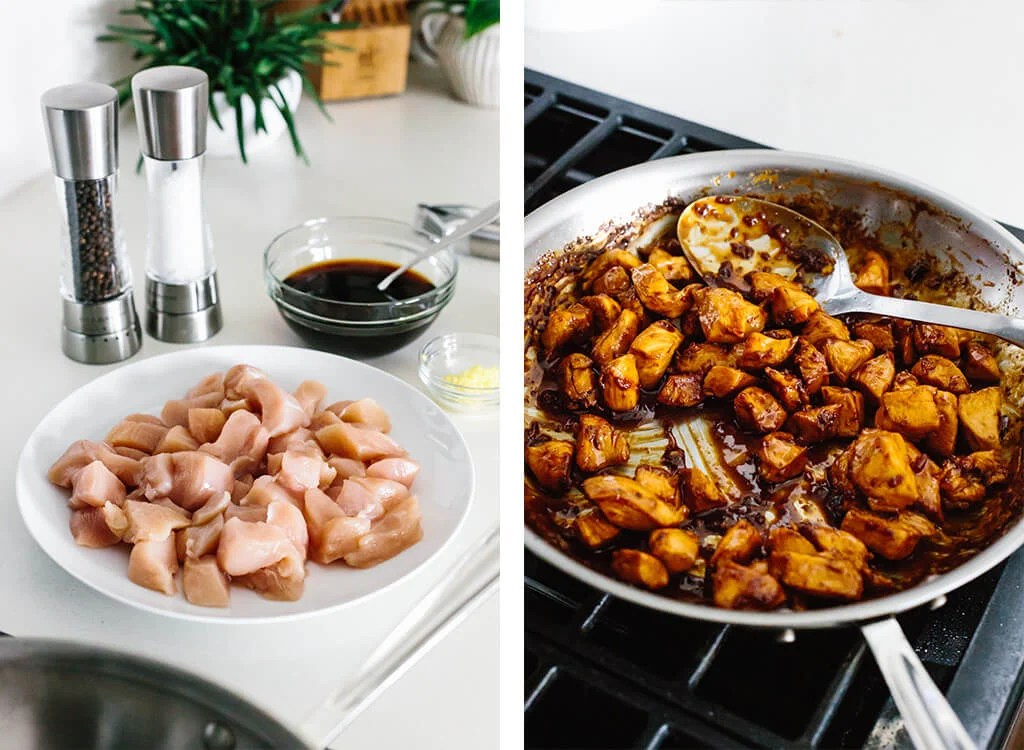 Making teriyaki chicken on the stove top.