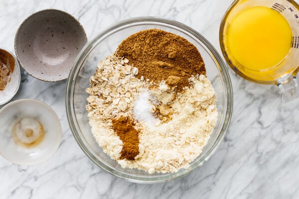 Ingredients for making the crumble topping in a bowl.