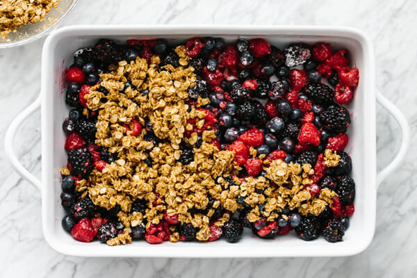 Crisp topping layered on top of berry filling.