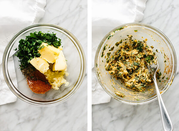 Garlic butter herb topping being mixed in a bowl.