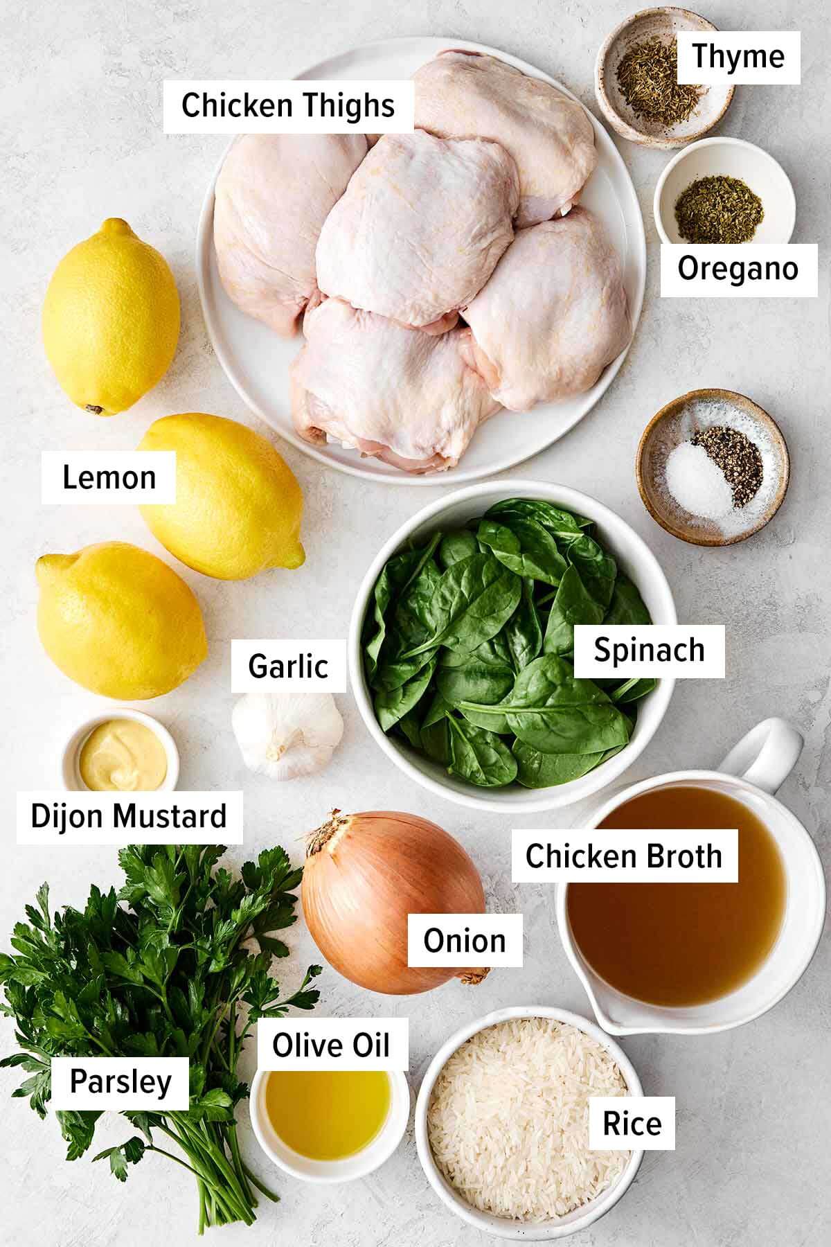 This chicken and rice is an easy, one-pan weeknight dinner I can always depend on. Mediterranean chicken thighs mixed with herby rice! One pan chicken and rice ingredients.