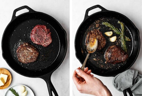 Butter basting filet mignon steaks in skillet