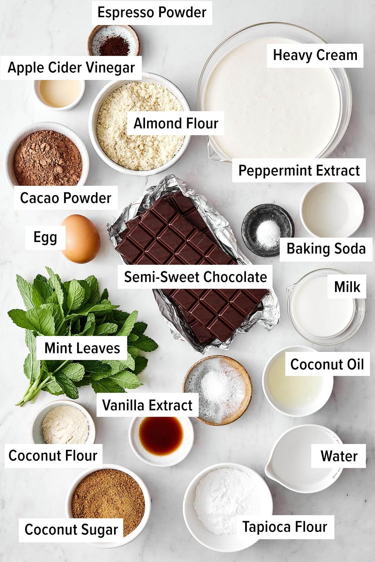 Ingredients for mint chocolate mousse cake.