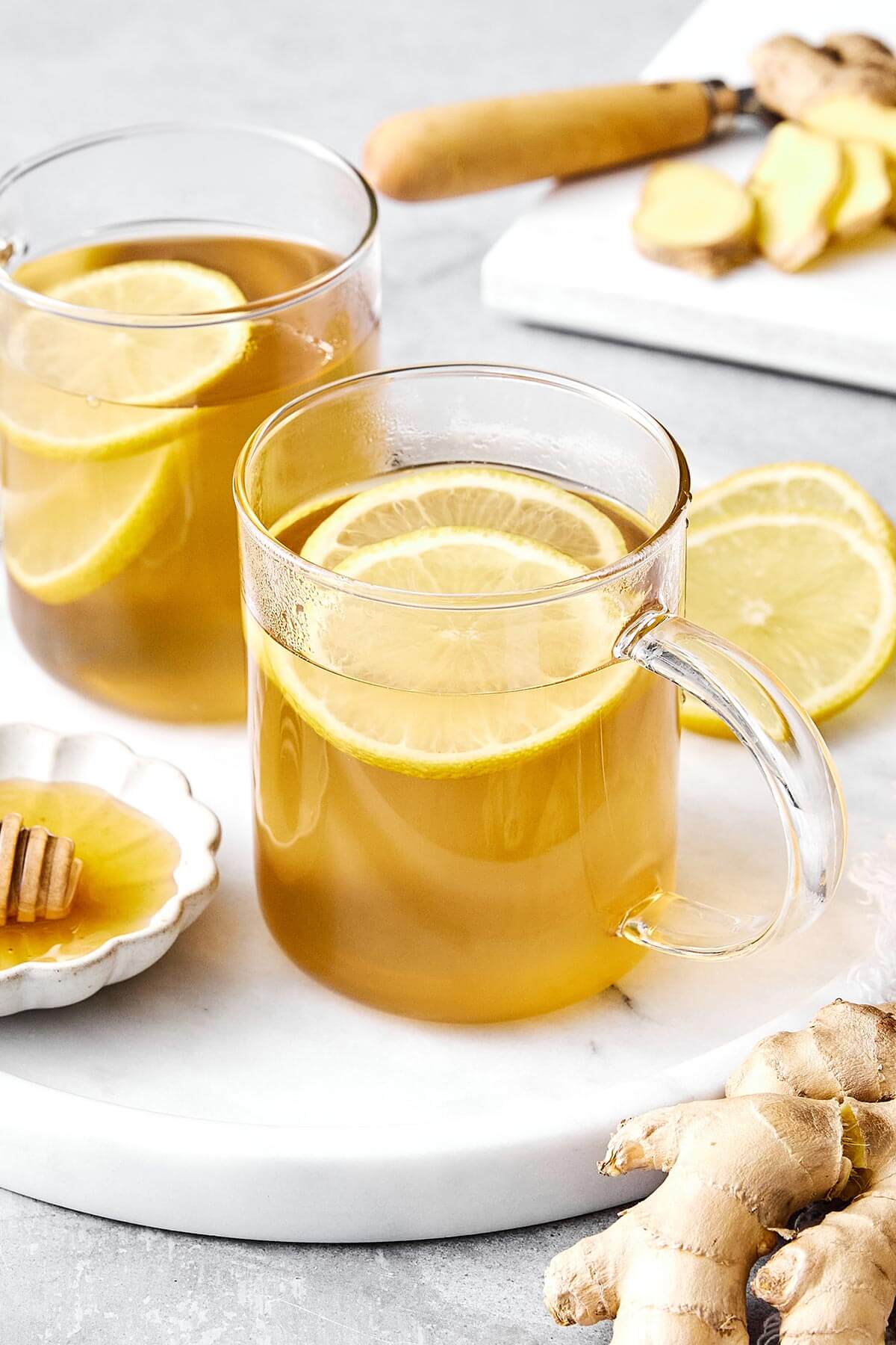 Ginger tea with honey and lemon.