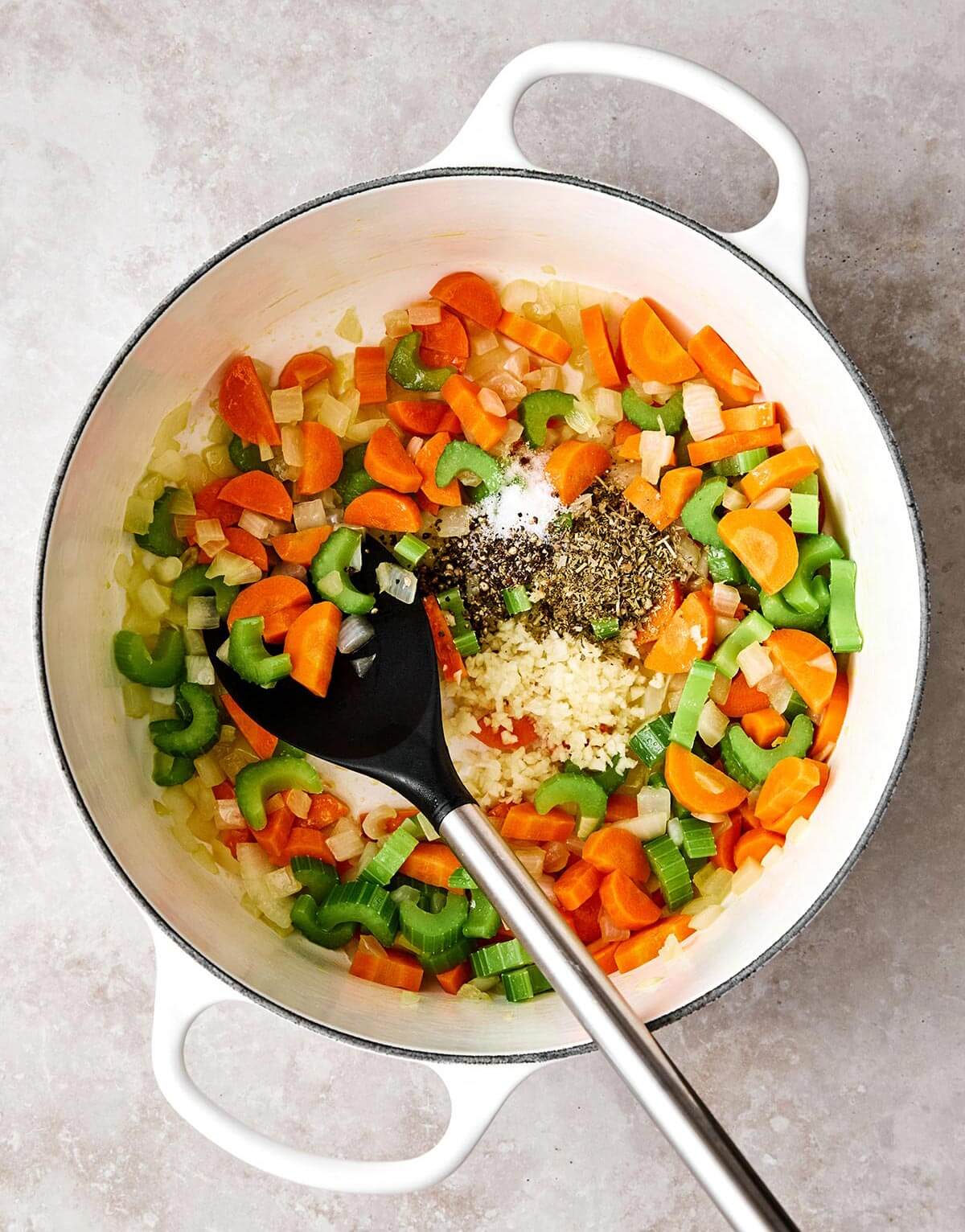 Cooking vegetables in a pot.