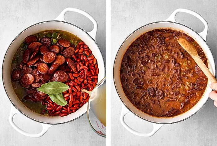 Step four of red beans and rice: add sausage and beans.