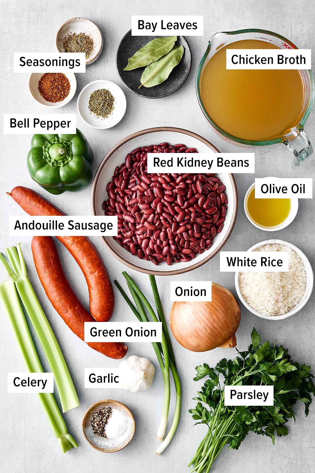 This red beans and rice with sausage is rich with Cajun flavors and perfect for a comforting family dinner. Plus, it's super easy in one pot! Red beans and rice ingredients.