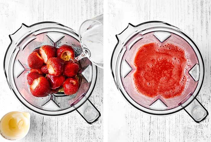 Blending strawberry lemonade in a blender.
