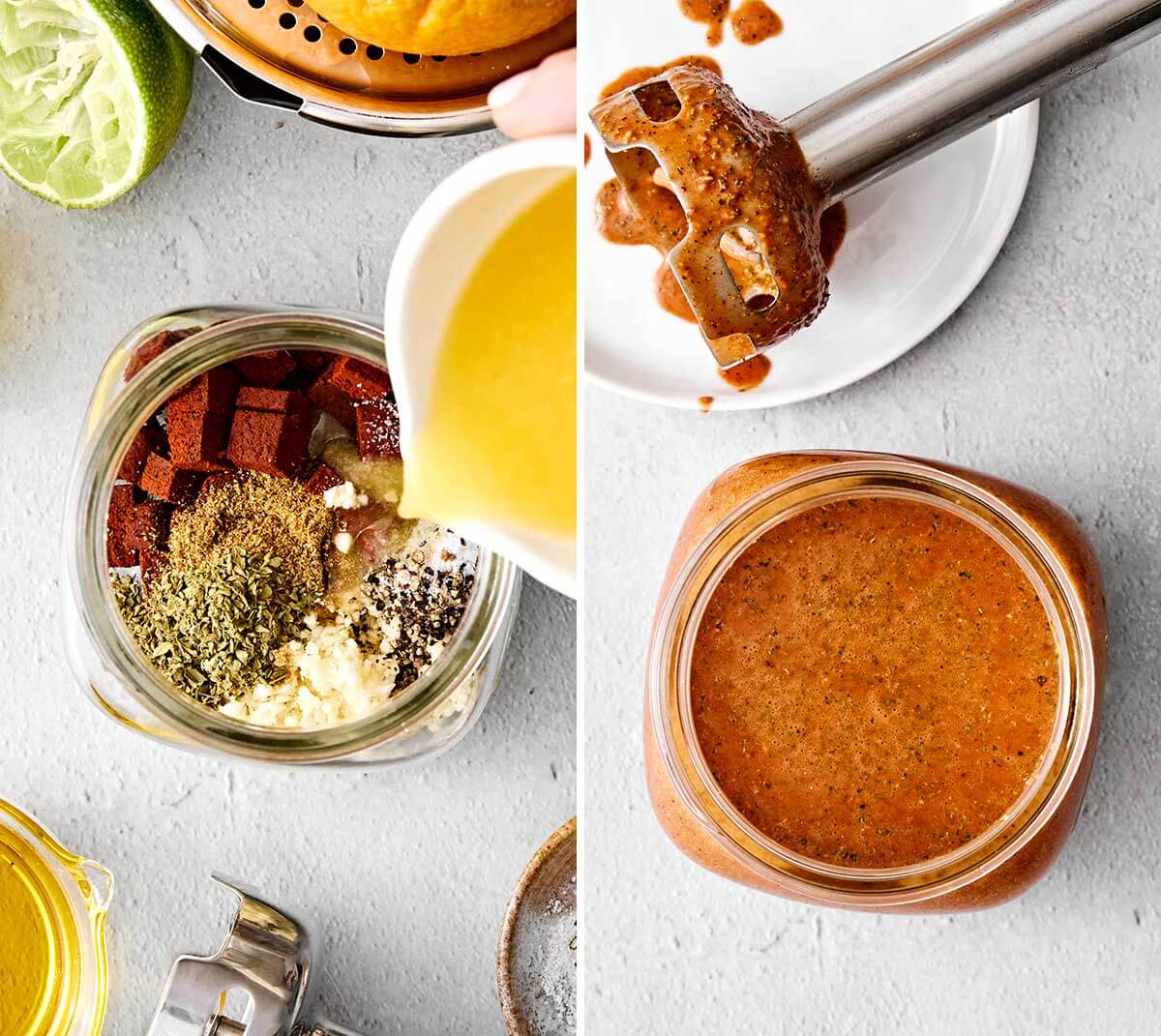 With a bold citrus marinade and smoky char, this grilled pollo asado (chicken) is the best grilling recipe for Mexican dinner nights! Preparing pollo asado marinade in a jar.