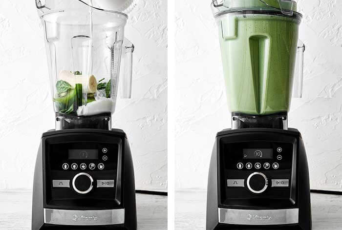 Blending kiwi smoothie in a blender.