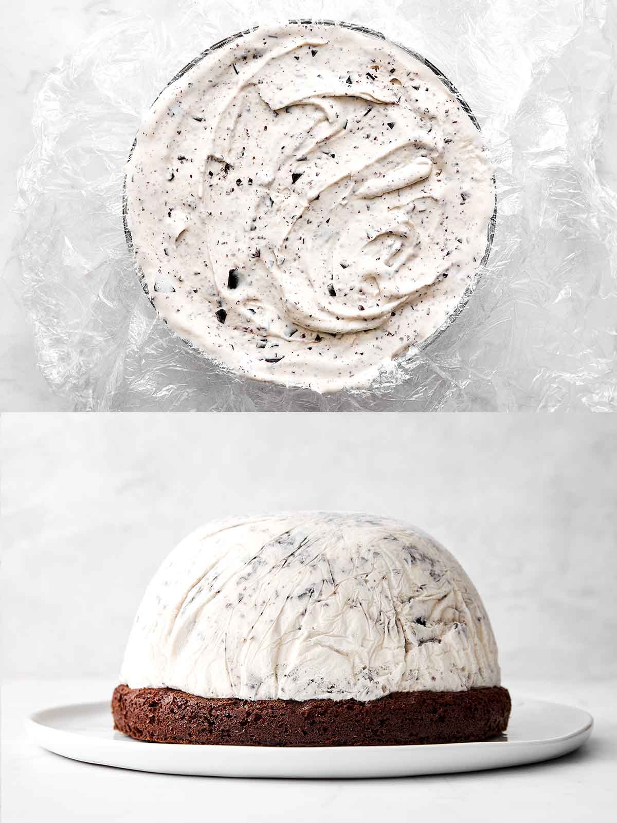 This baked Alaska is certainly a showstopper with its layers of chocolate cake, mint chocolate chip ice cream, and a meringue topping! Freezing the ice cream layer for baked Alaska.