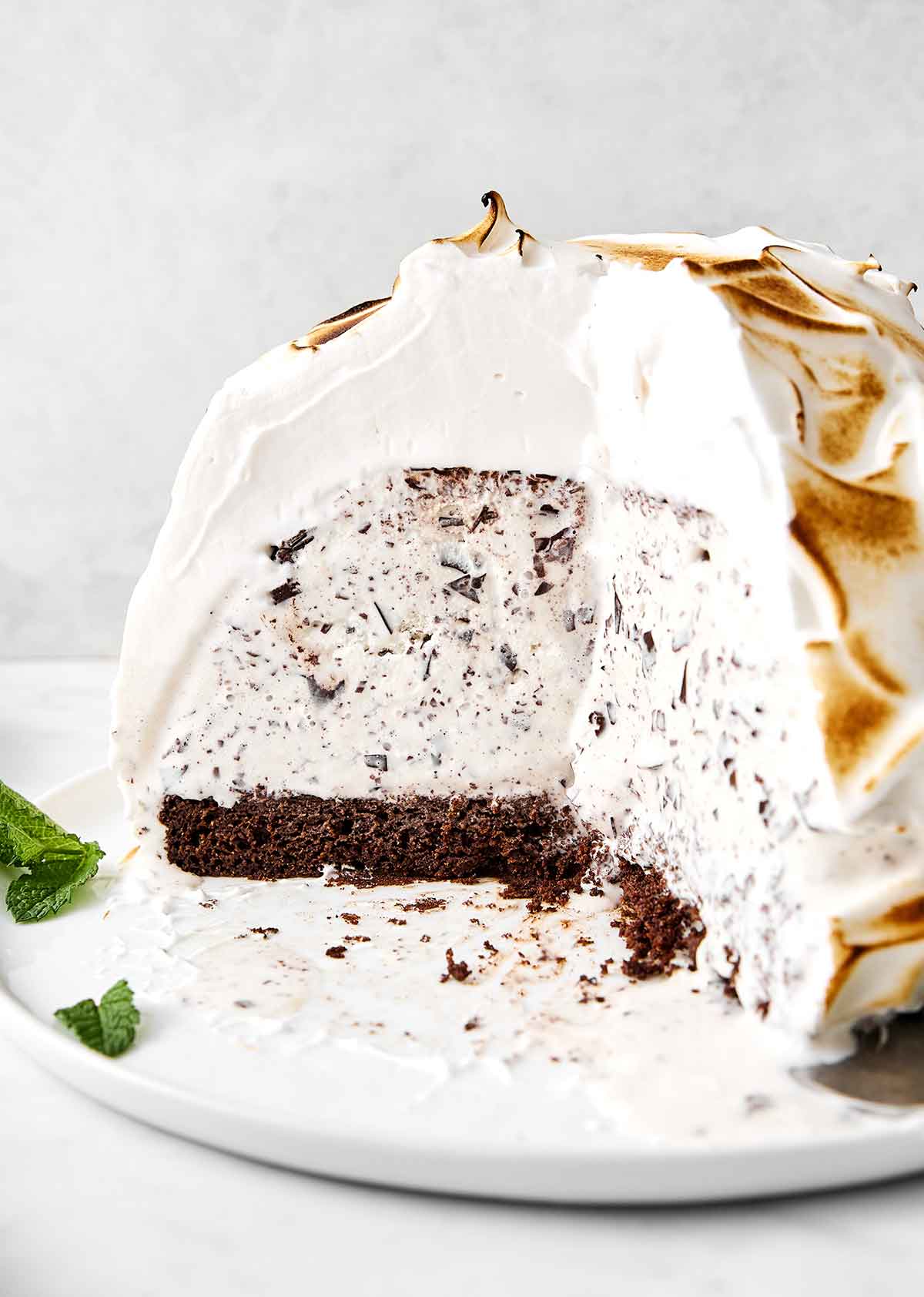 This baked Alaska is certainly a showstopper with its layers of chocolate cake, mint chocolate chip ice cream, and a meringue topping! Baked Alaska with mint chocolate chip ice cream.