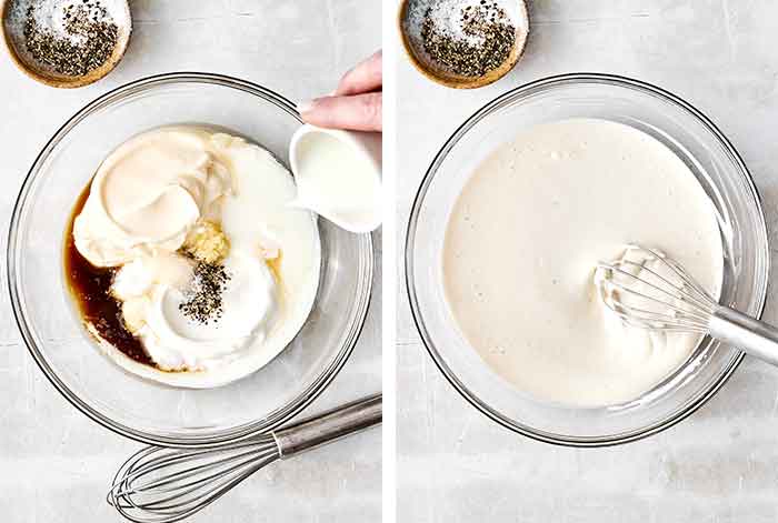 Mixing blue cheese dressing in a bowl.