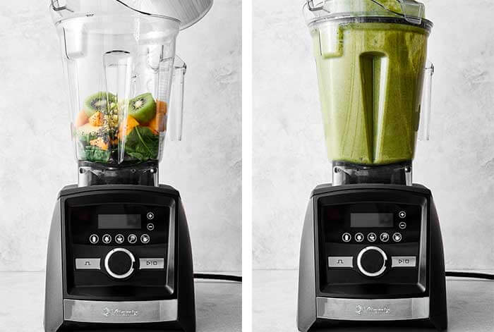 Blending a tropical digestive smoothie in a Vitamix.