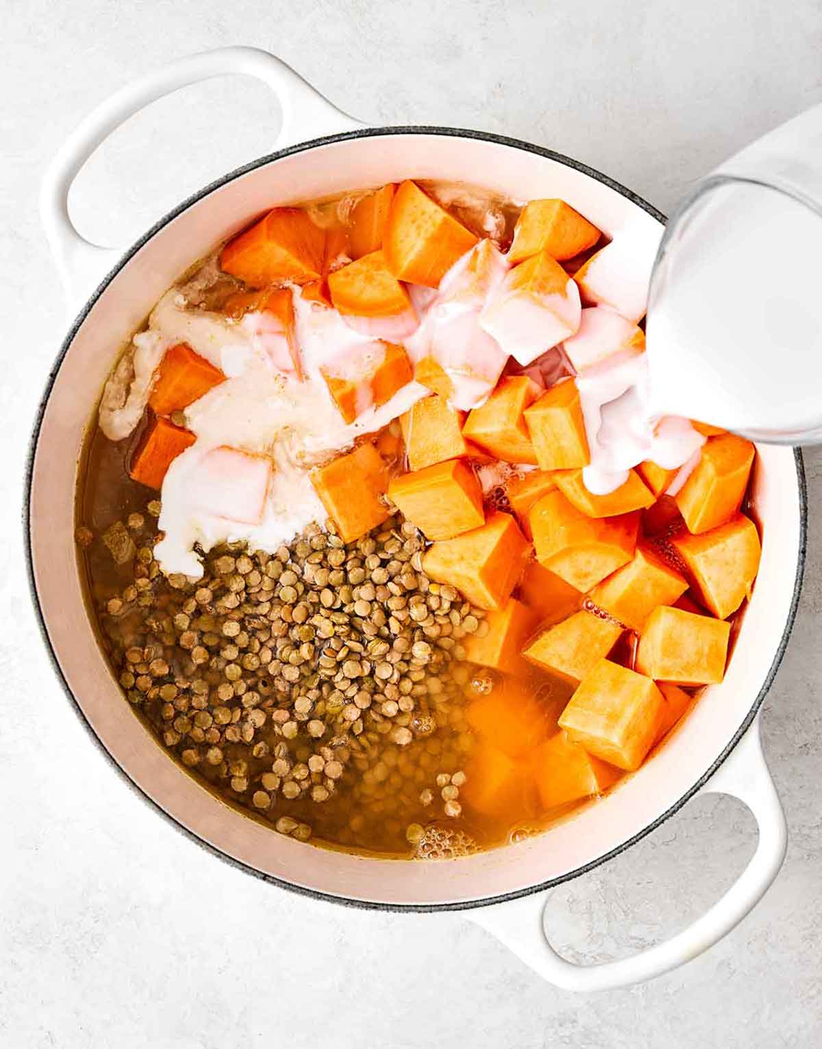 Layered with ginger, lime, and coconut goodness, this sweet potato stew is so delicious, perfectly filling, and a nutritious dinner. Adding sweet potatoes and lentils to a soup.
