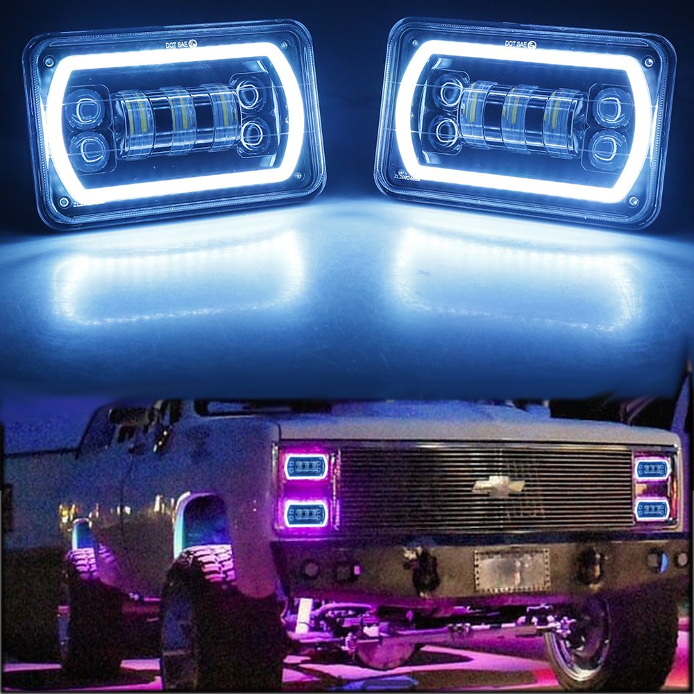 1Pair RGB 4×6 Led Halo Headlights Sealed Beam Headlamp Replacement for
