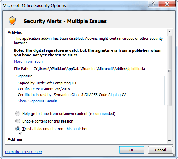 Excel Addin fix for Trusted Publisher setting DPlot