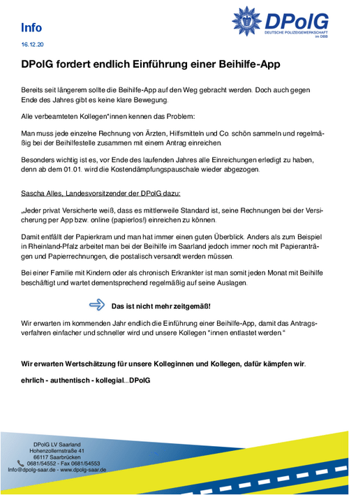 DPolG fordert endlich Einführung einer BeihilfeApp DPolG Saar Deutsche Polizeigewerkschaft
