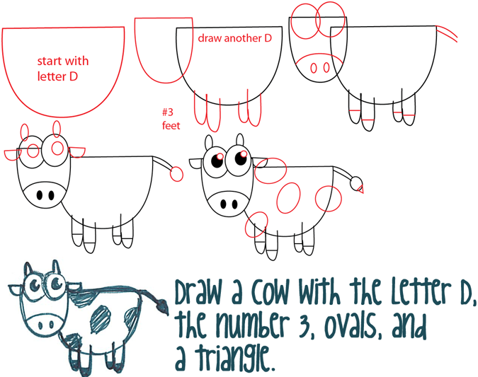 Big Guide to Drawing Cartoon Cows with Basic Shapes for Kids How to