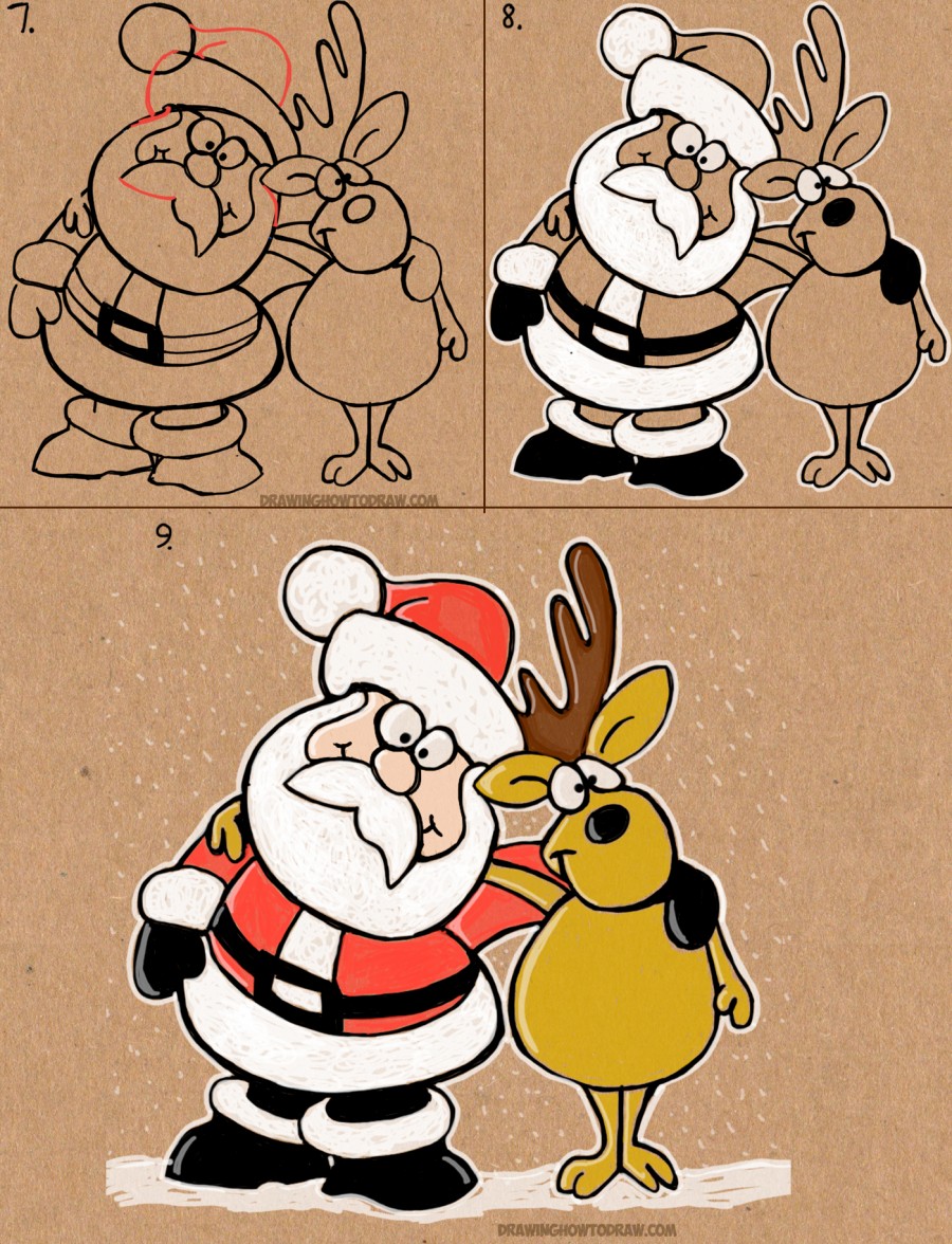 How to Draw Cartoon Santa Claus and Reindeer Easy Step by