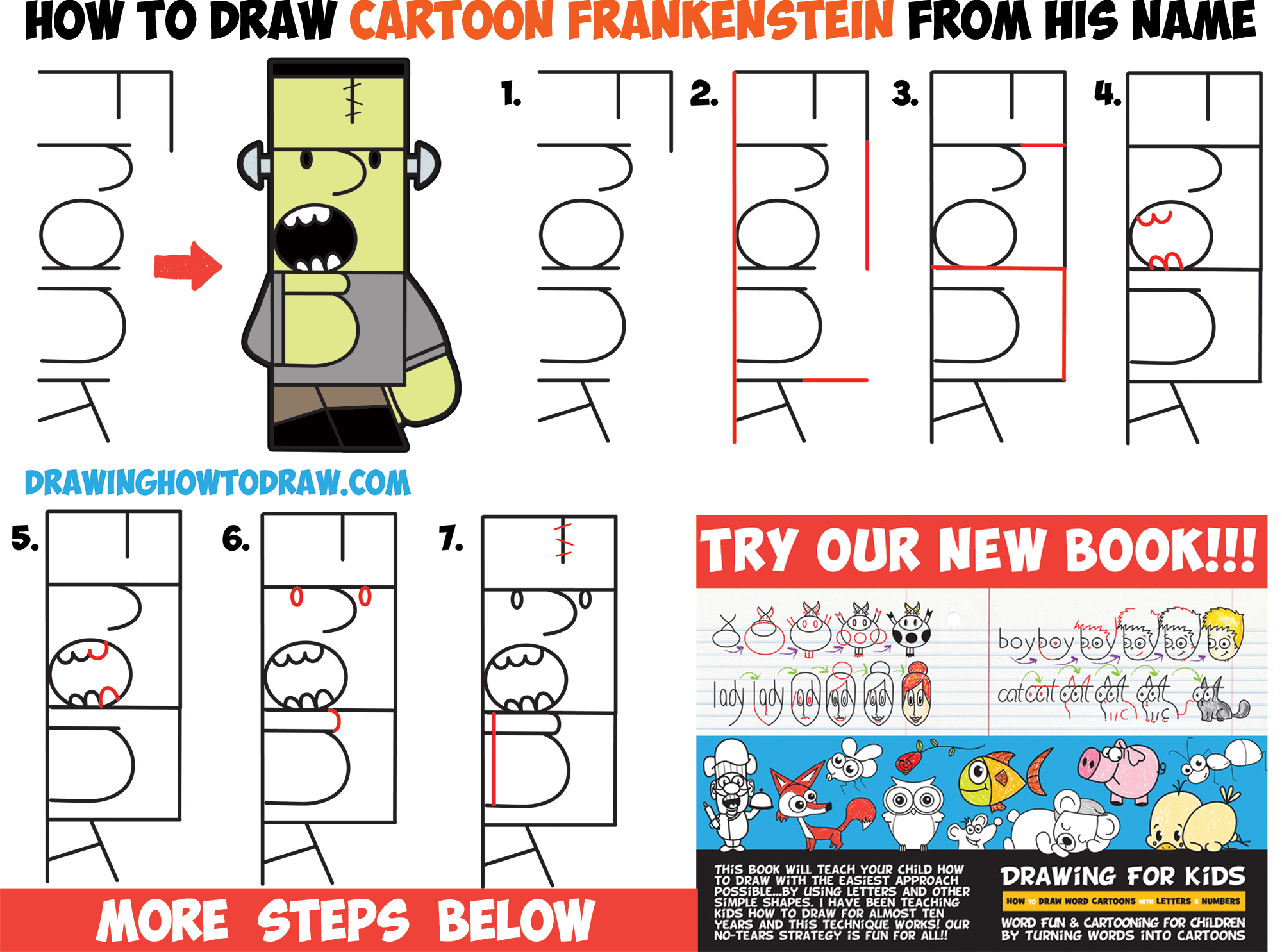 How to Draw Cartoon Frankenstein's Monster from "Frank" Word Cartoons Easy Step by Step Drawing