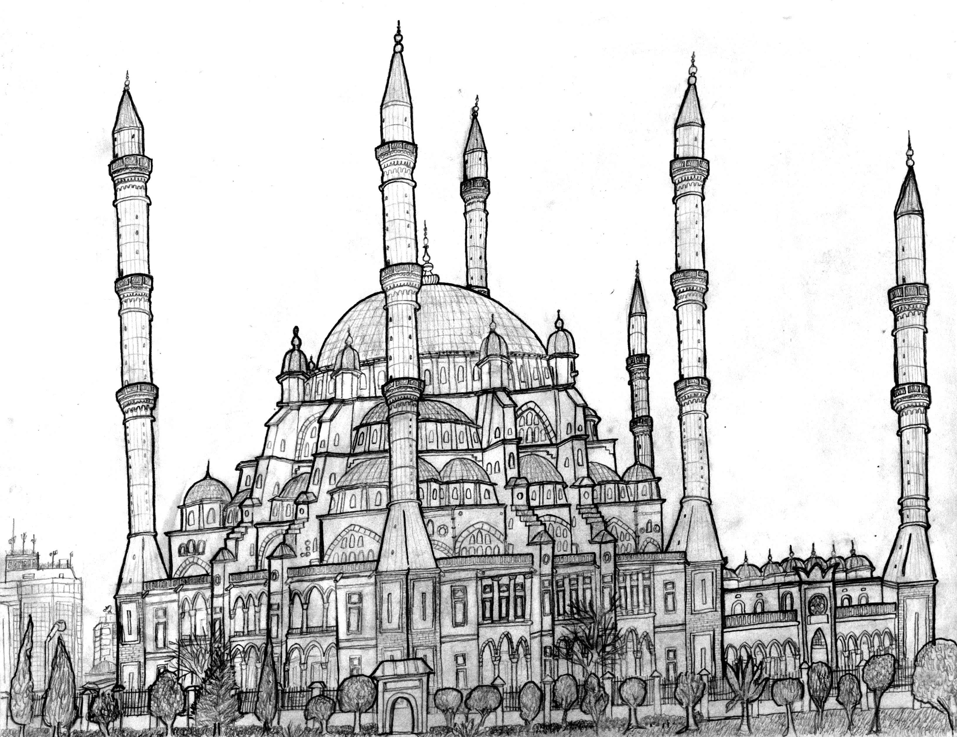 Mosque Drawing, Pencil, Sketch, Colorful, Realistic Art Images