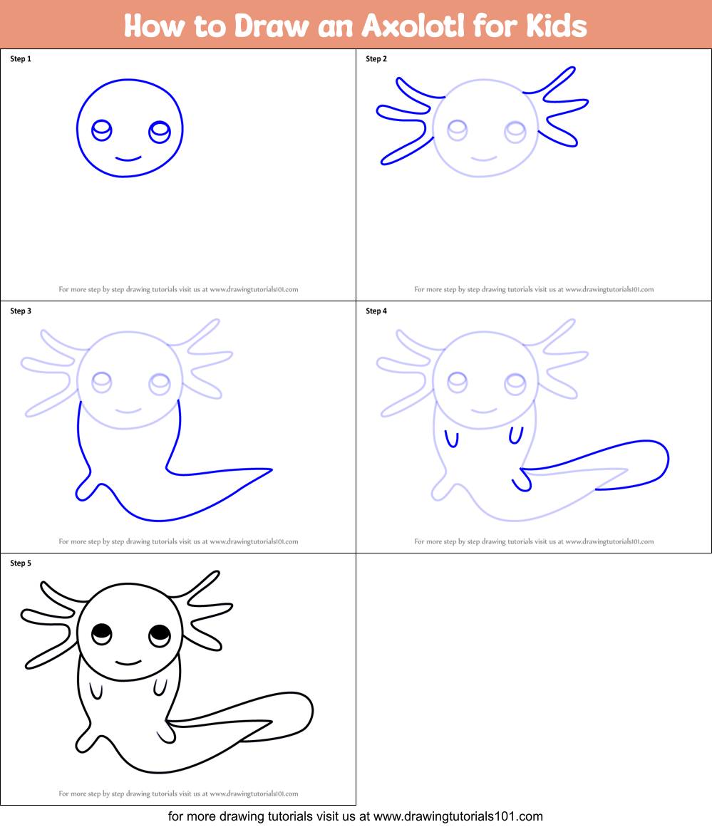 Now for the eyes, draw two small circles on the mouth with a smaller circle inside it. How To Draw An Axolotl For Kids Printable Step By Step Drawing Sheet Drawingtutorials101 Com
