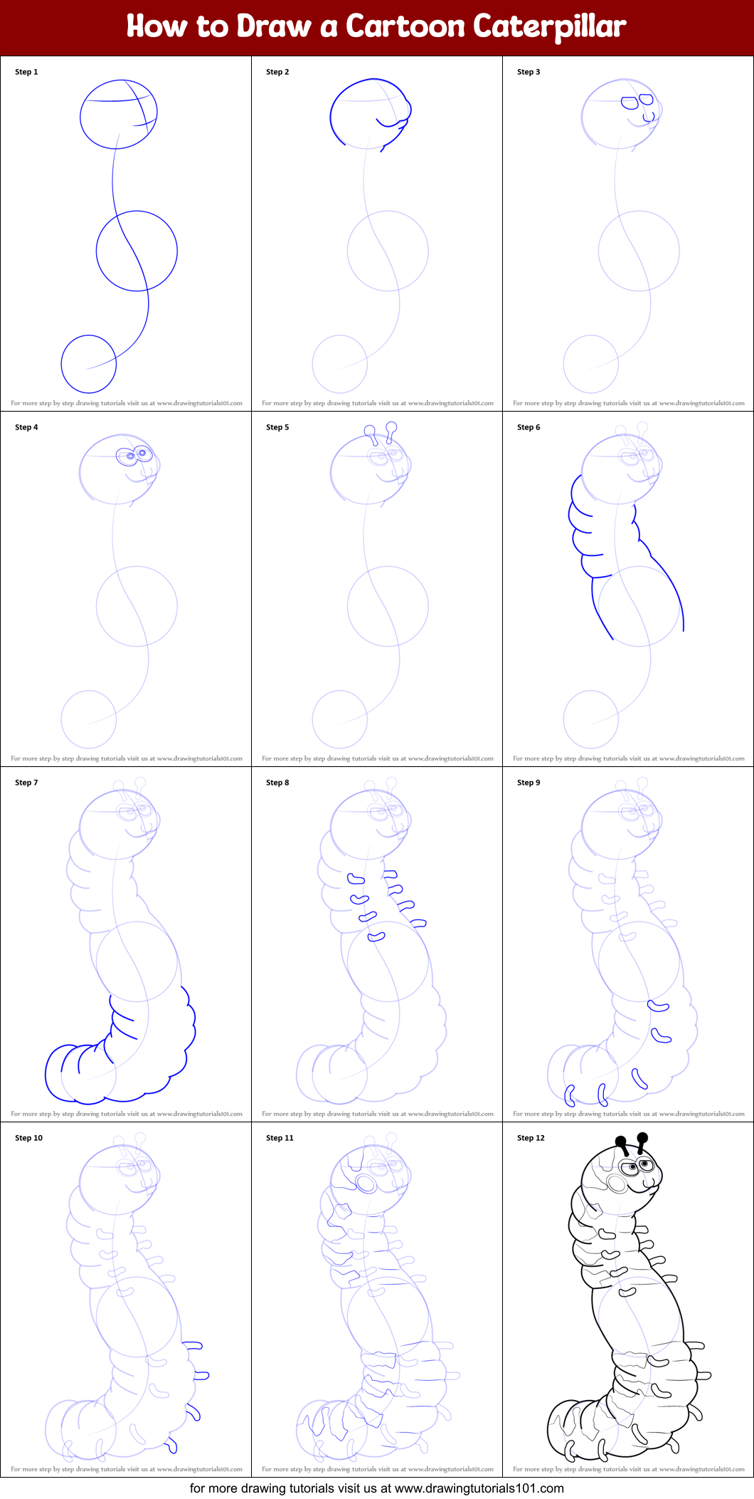 How to Draw a Cartoon Caterpillar printable step by step