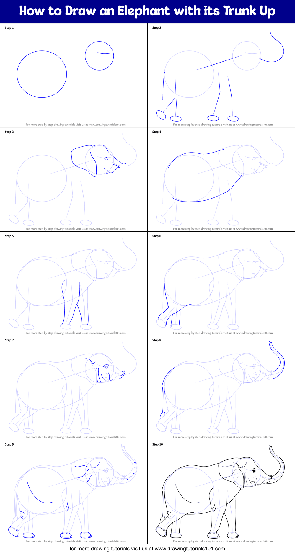 How to Draw an Elephant with its Trunk Up printable step by step