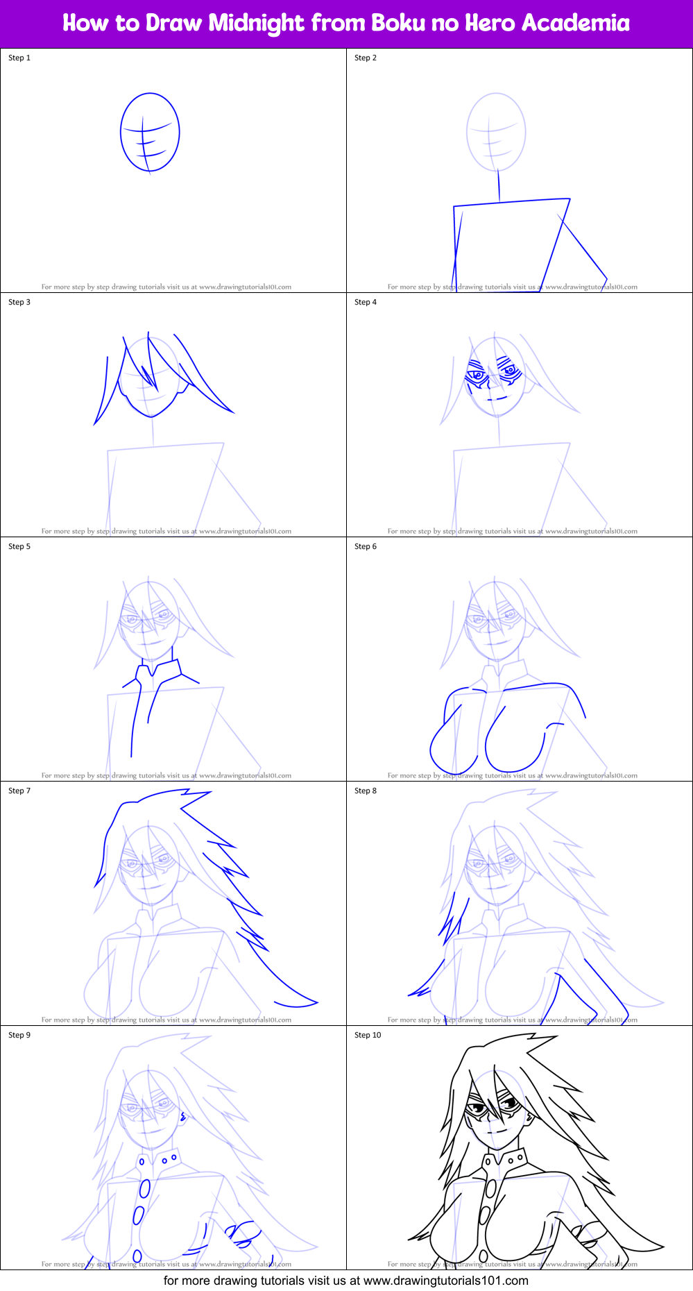 How to Draw Midnight from Boku no Hero Academia printable step by step