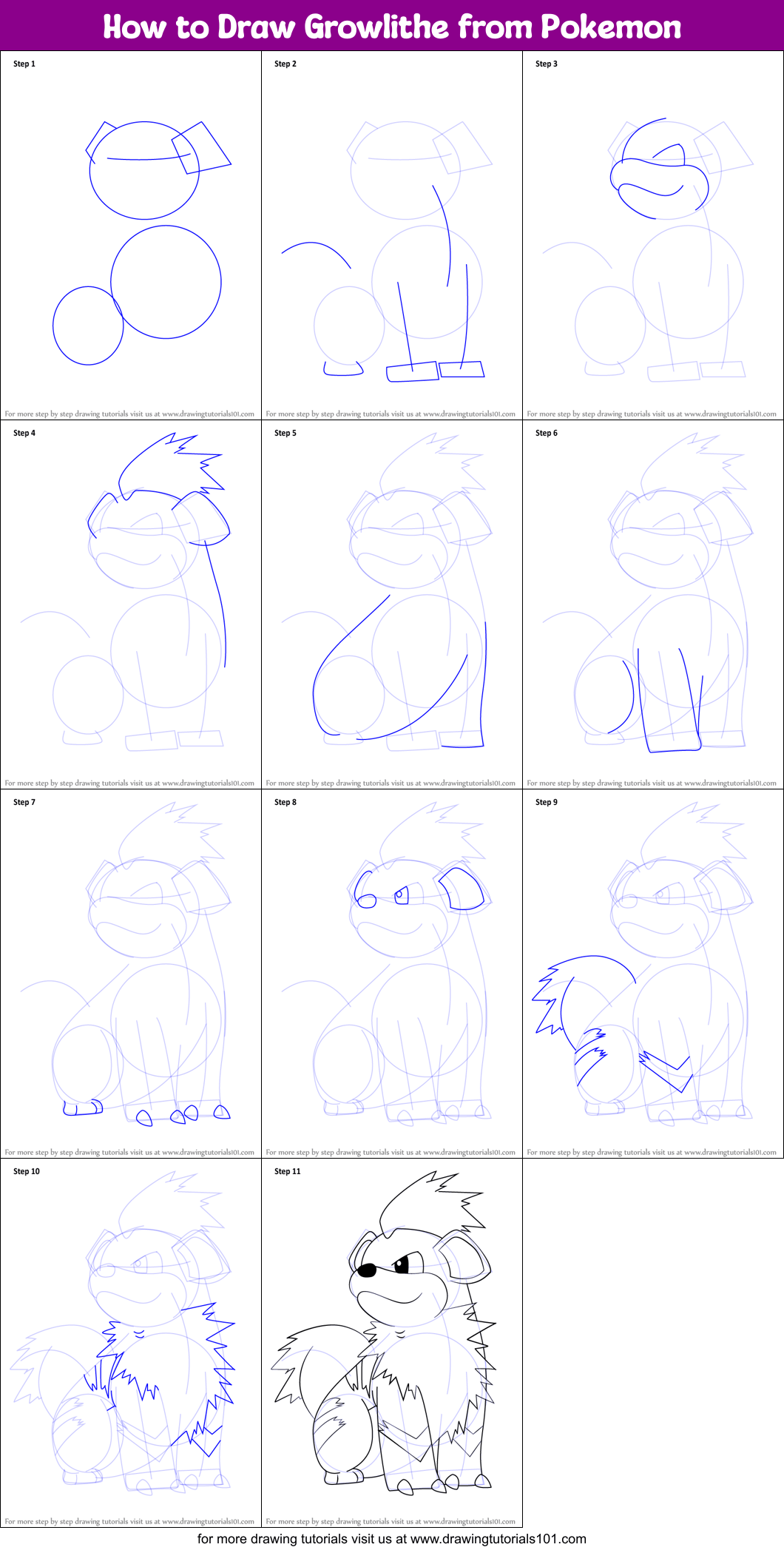 How to Draw Growlithe from Pokemon printable step by step drawing sheet