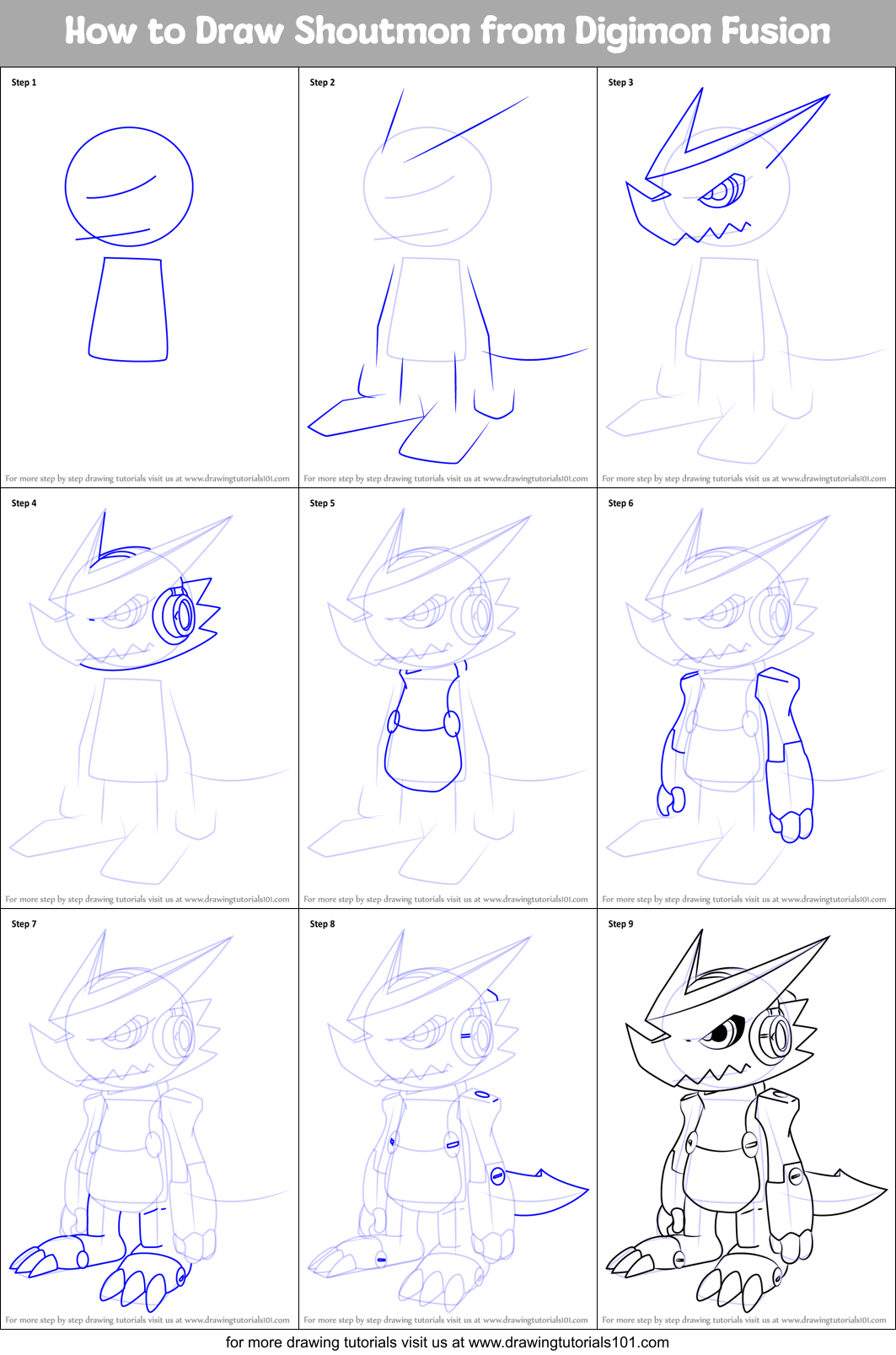 How to Draw Shoutmon from Digimon Fusion printable step by step drawing sheet