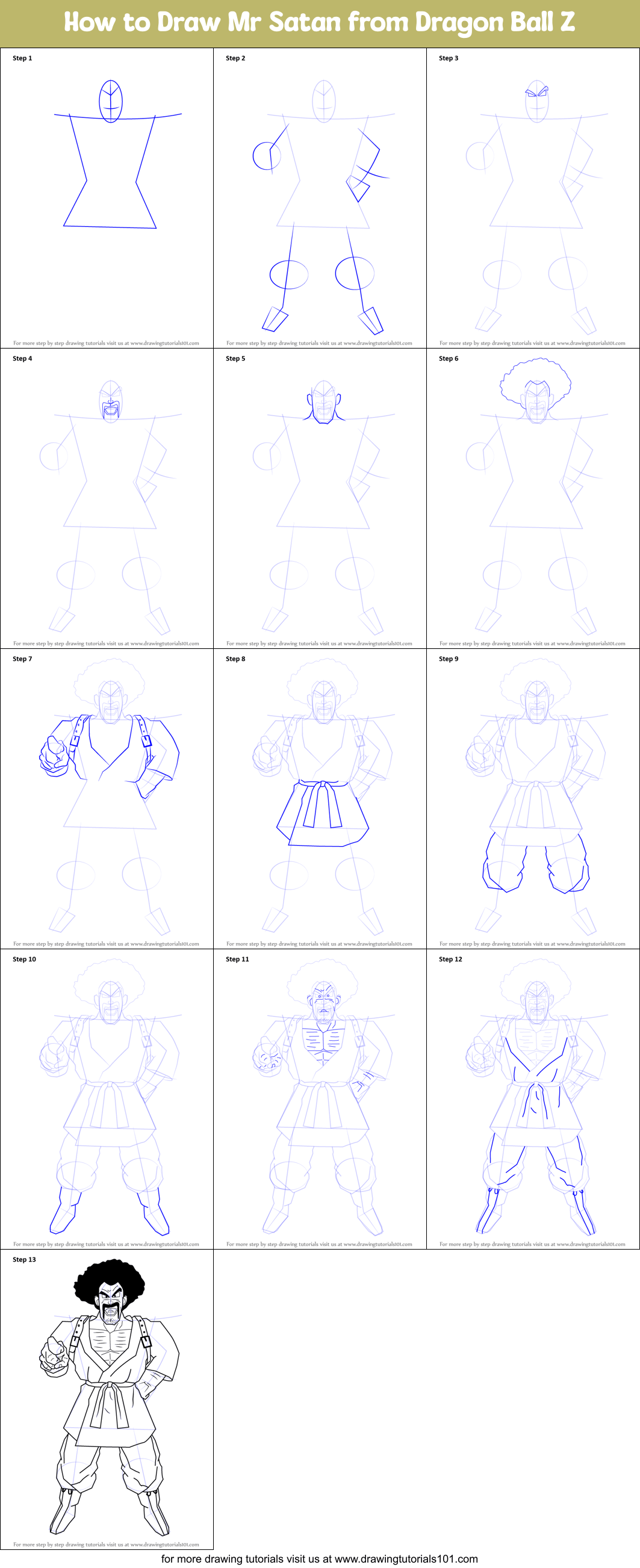 How to Draw Mr Satan from Dragon Ball Z printable step by step drawing